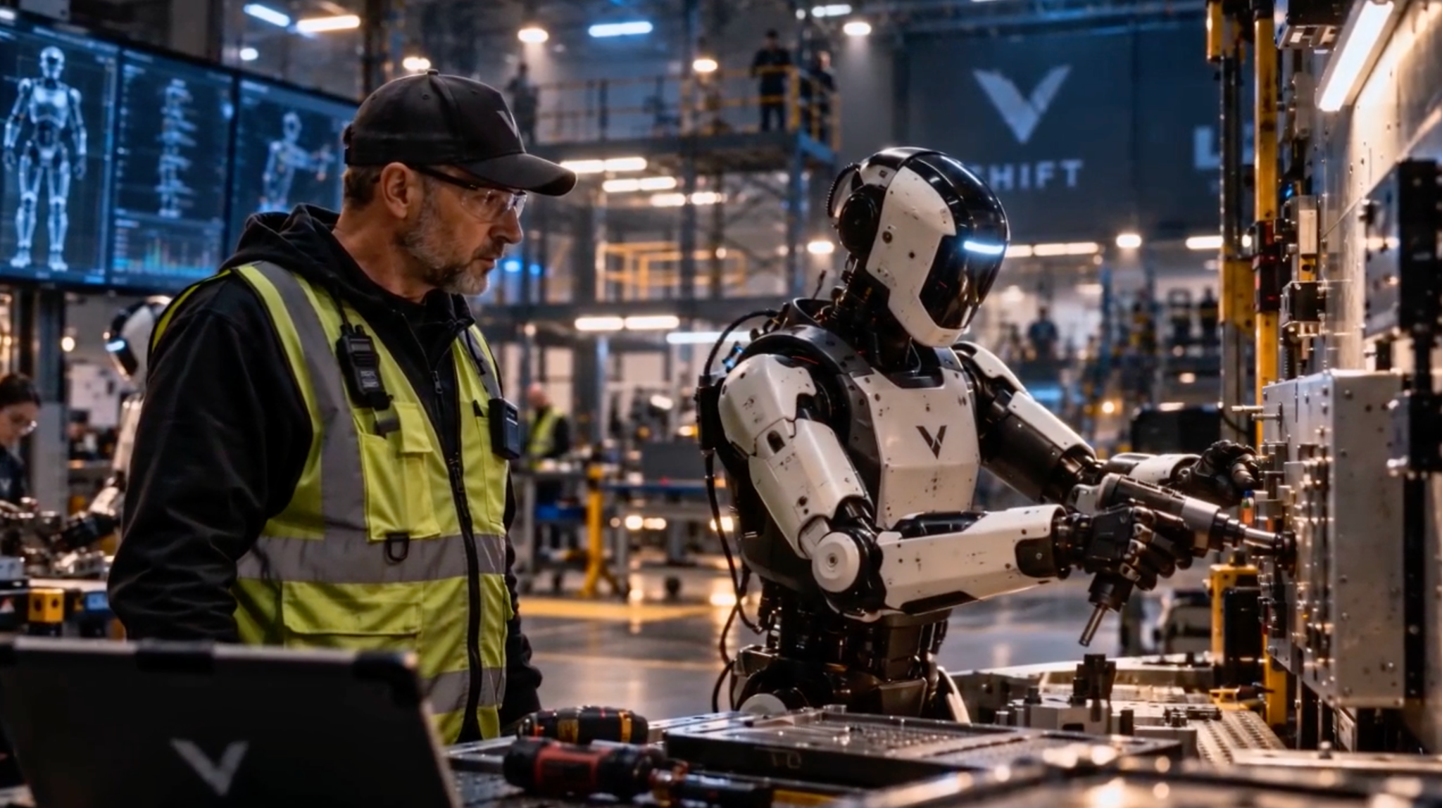 A human technician evaluating a humanoid robot performing a physical task inside a robotics readiness facility
