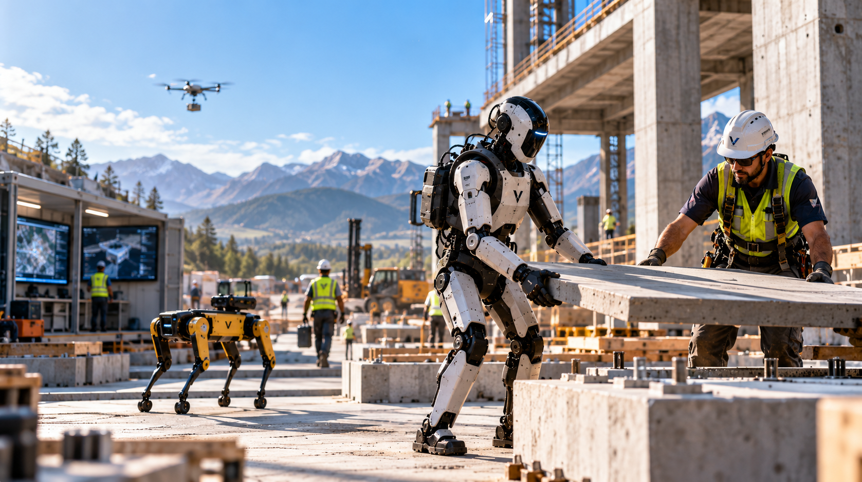 A construction worker and humanoid robot working together on a major infrastructure project