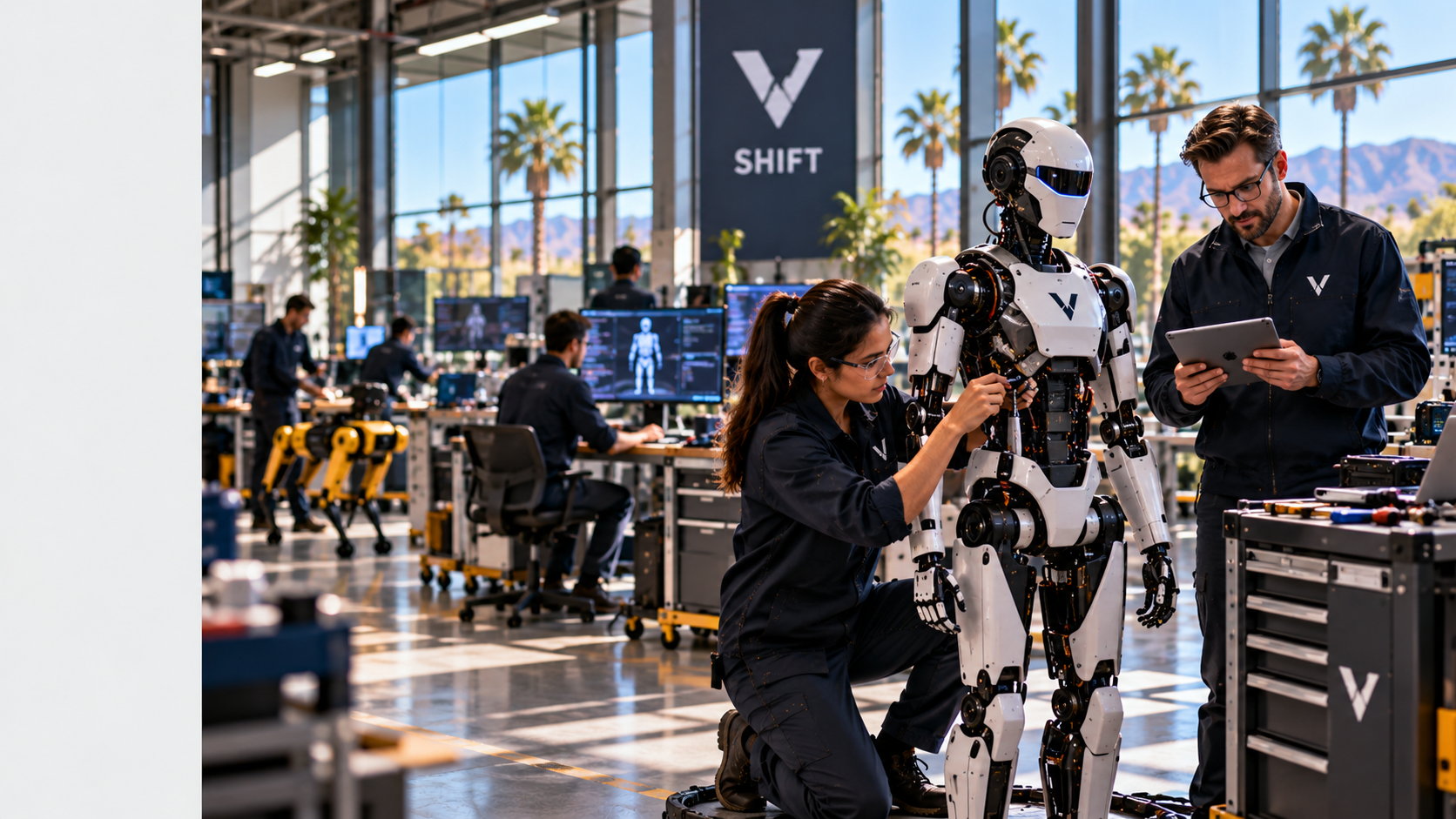 A technician prepares a full humanoid robot while a colleague reviews diagnostics in a bright SHIFT robotics lab